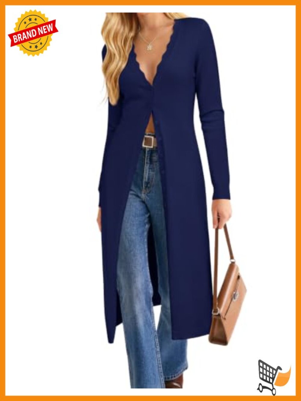 Women's Long Cardigan Scalloped Button Up Maxi Sweater Duster with V-Neck